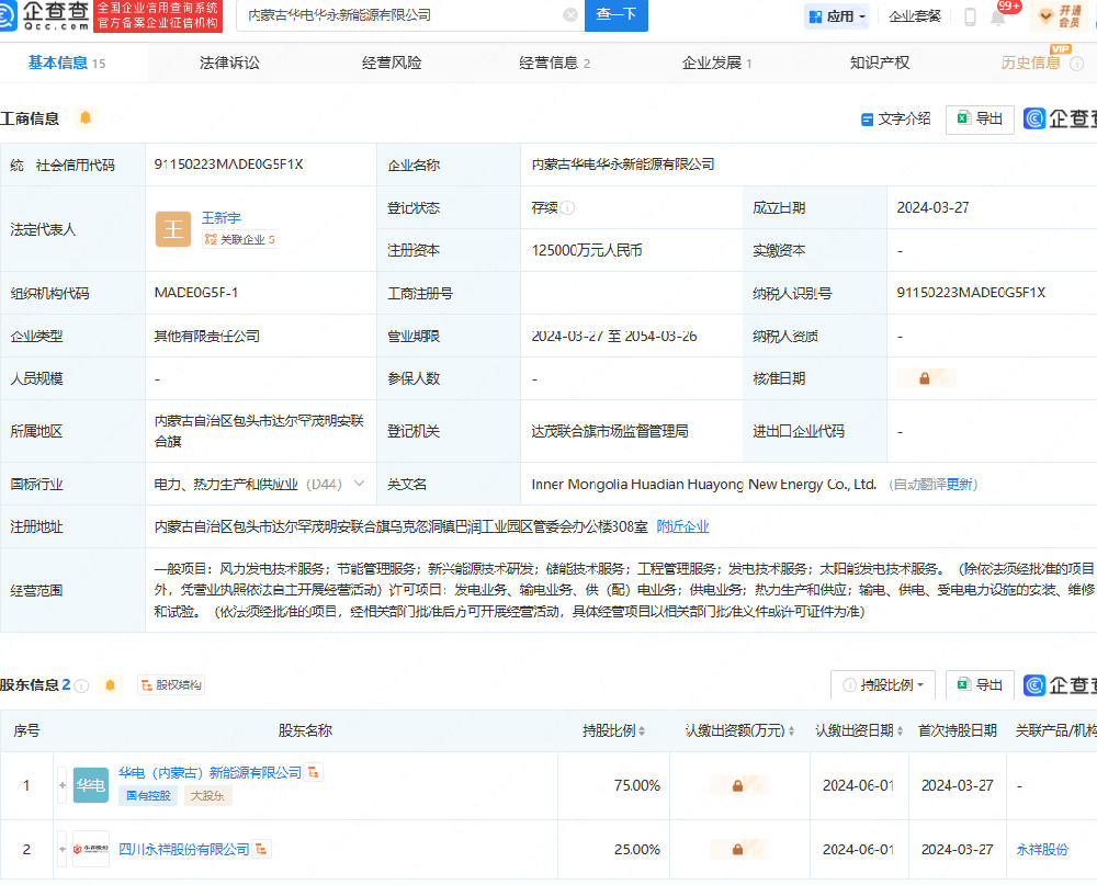 通威股份、華電在內蒙古成立新能源公司