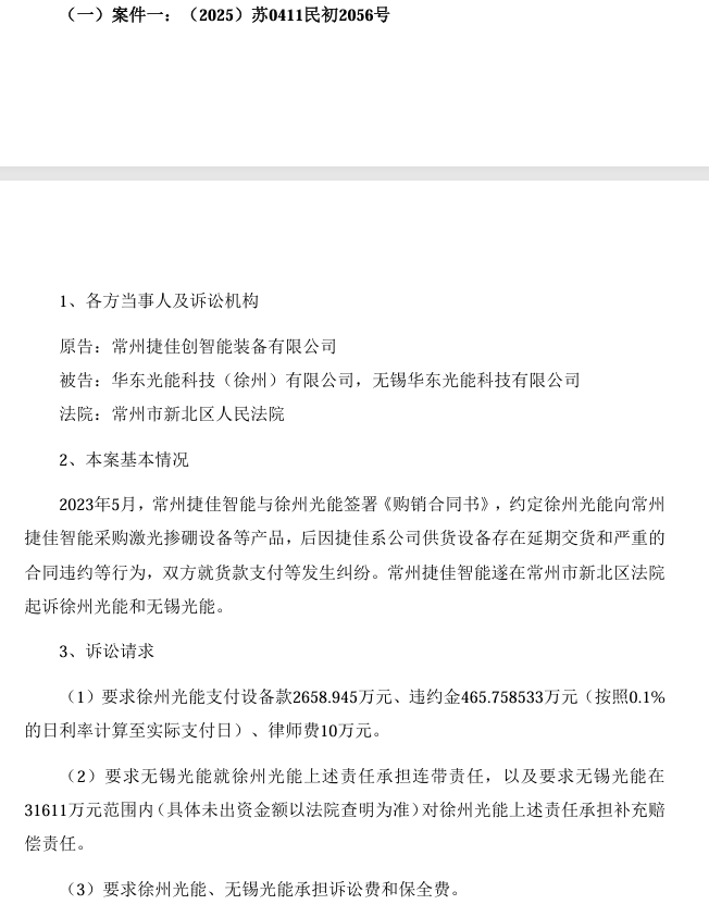 涉設備買(mǎi)賣(mài)合同糾紛！華東重機光伏子公司被告